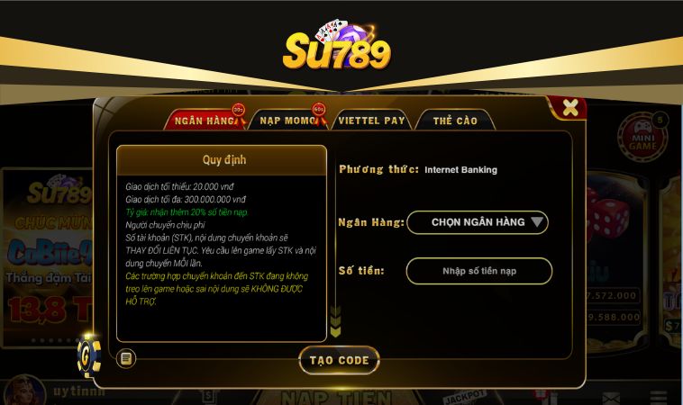 Hướng dẫn nạp tiền Su789 qua ngân hàng
